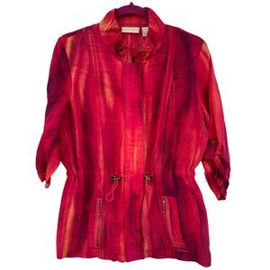 Chicos Womens Red & Pink Artsy Colorful Zip 3/4 Slv Cinch Jacket Size 1 Medium